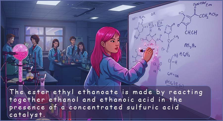 A student writing chemical equations on the white board, explaining how the ester ethyl ethanoate is made.